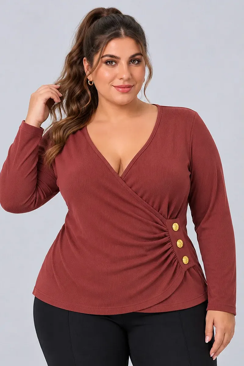 Κρουαζέ Εκάι Μπλούζα Ριμπ με Χρυσά Κουμπιά Plus Size