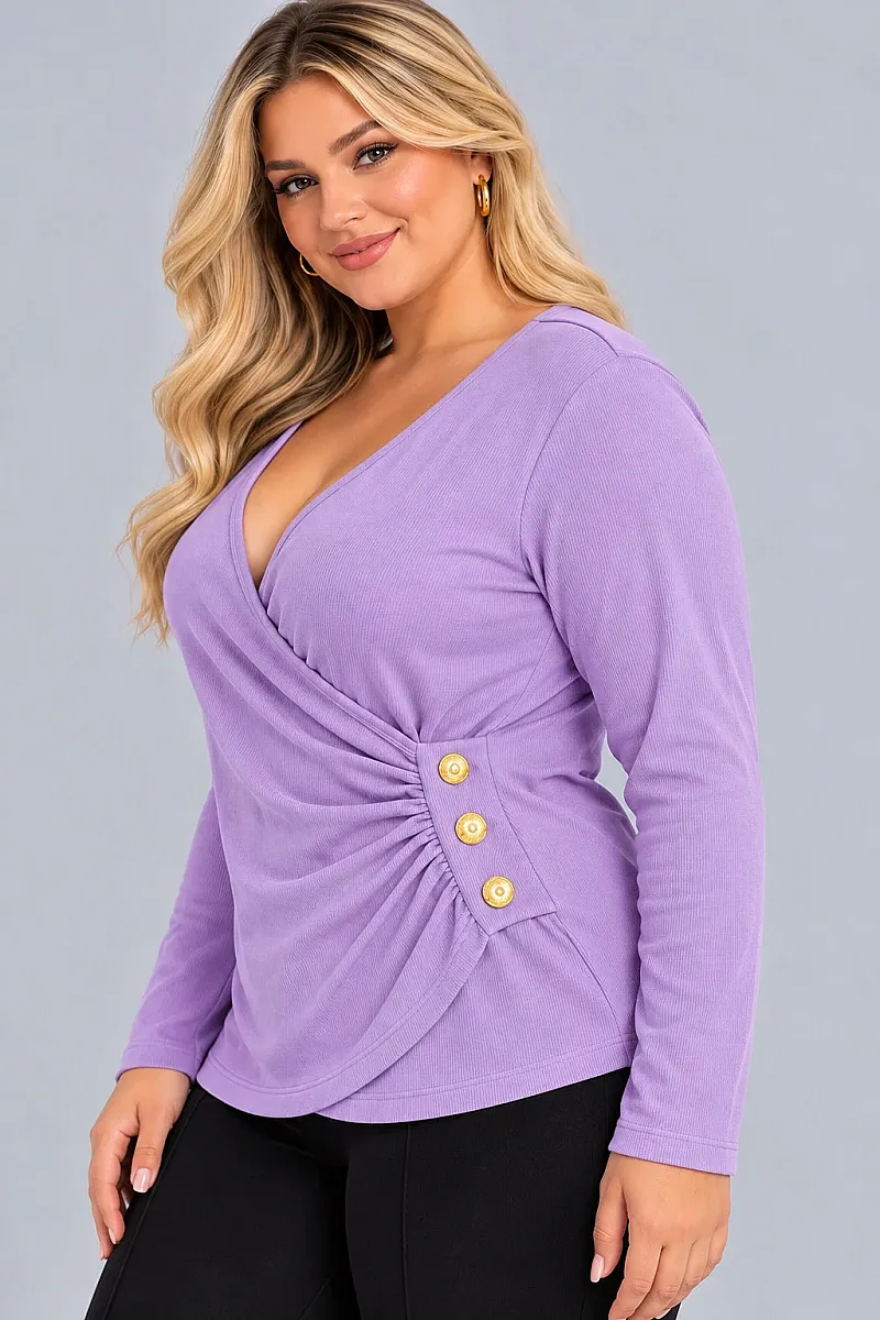 Κρουαζέ Μπλούζα Ριμπ Λιλά  με Χρυσά Κουμπιά Plus Size