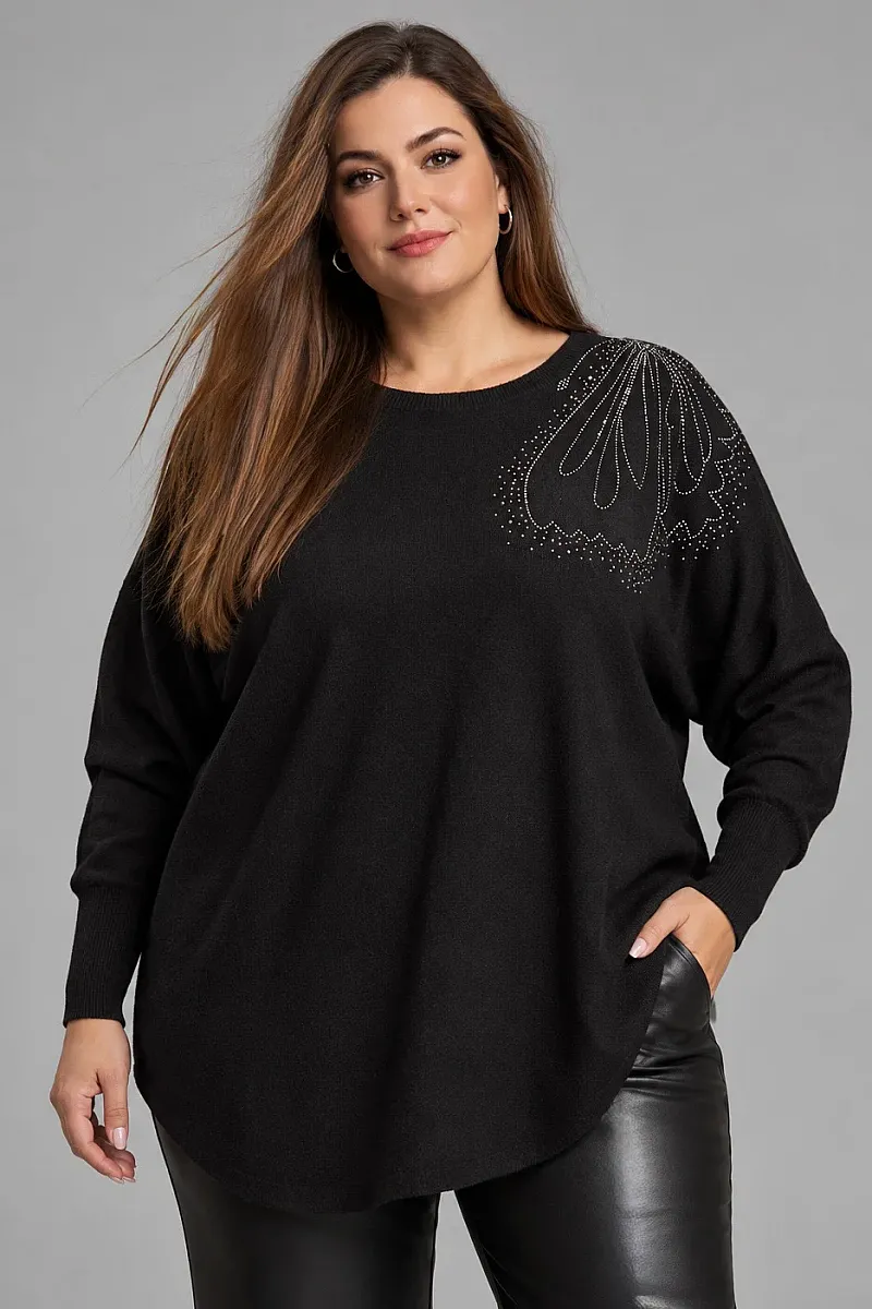 Μαύρη Oversized Πλεκτή Μπλούζα με Στρας στον Ώμο