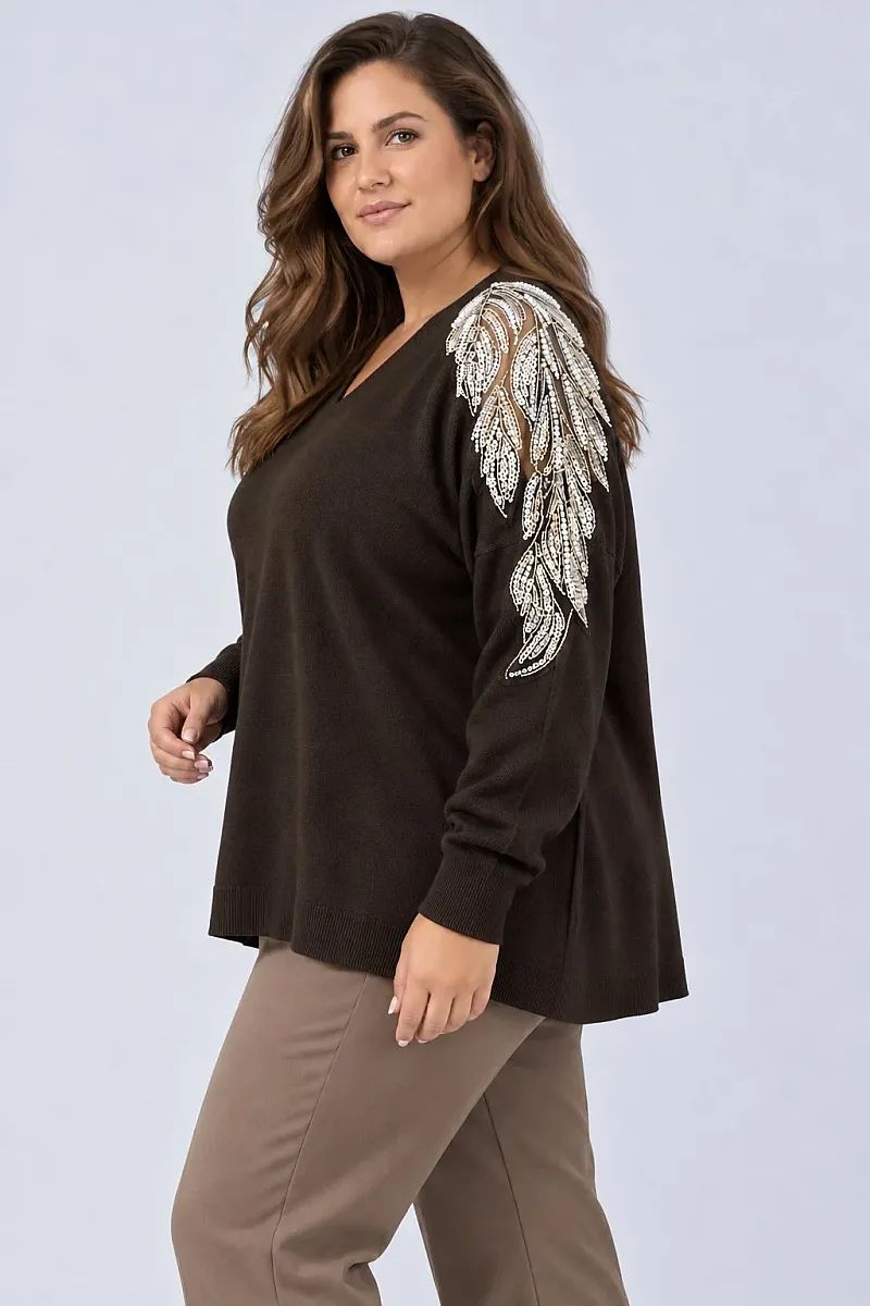 Plus Size  Σοκολατί Πλεκτή Μπλούζα με Κέντημα στους Ώμους