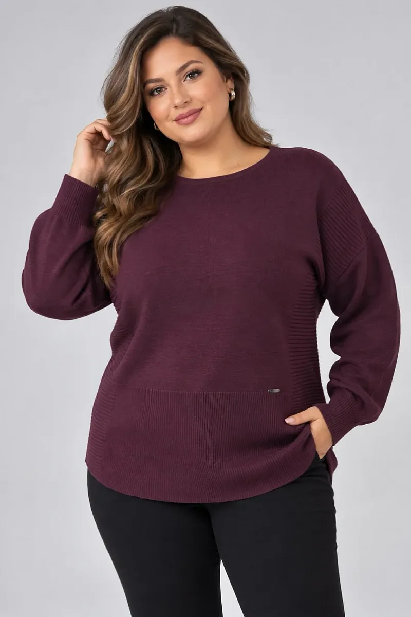 Βουργουνδί Oversized Πλεκτή Μπλούζα με Ριμπ Λεπτομέρειες
