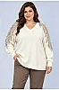 Plus Size Κρέμ Πλεκτή Μπλούζα με Κέντημα στους Ώμους