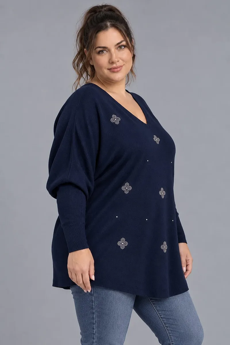 Navy Oversized Πλεκτή Μπλούζα με Στρας και Λαιμόκοψη V