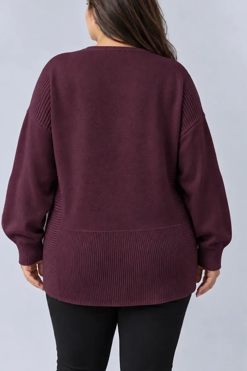 Βουργουνδί Oversized Πλεκτή Μπλούζα με Ριμπ Λεπτομέρειες