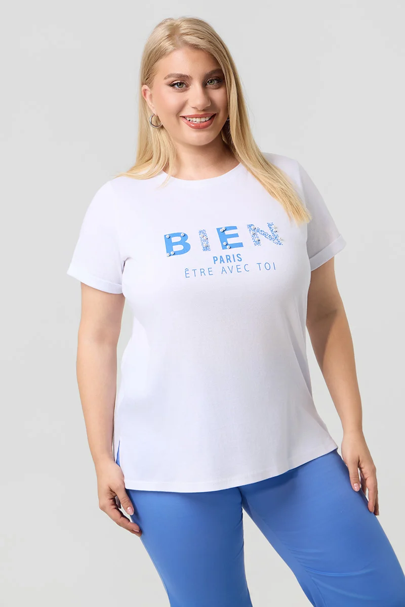 Λευκό T-Shirt Με Στάμπα Και Πέρλες 