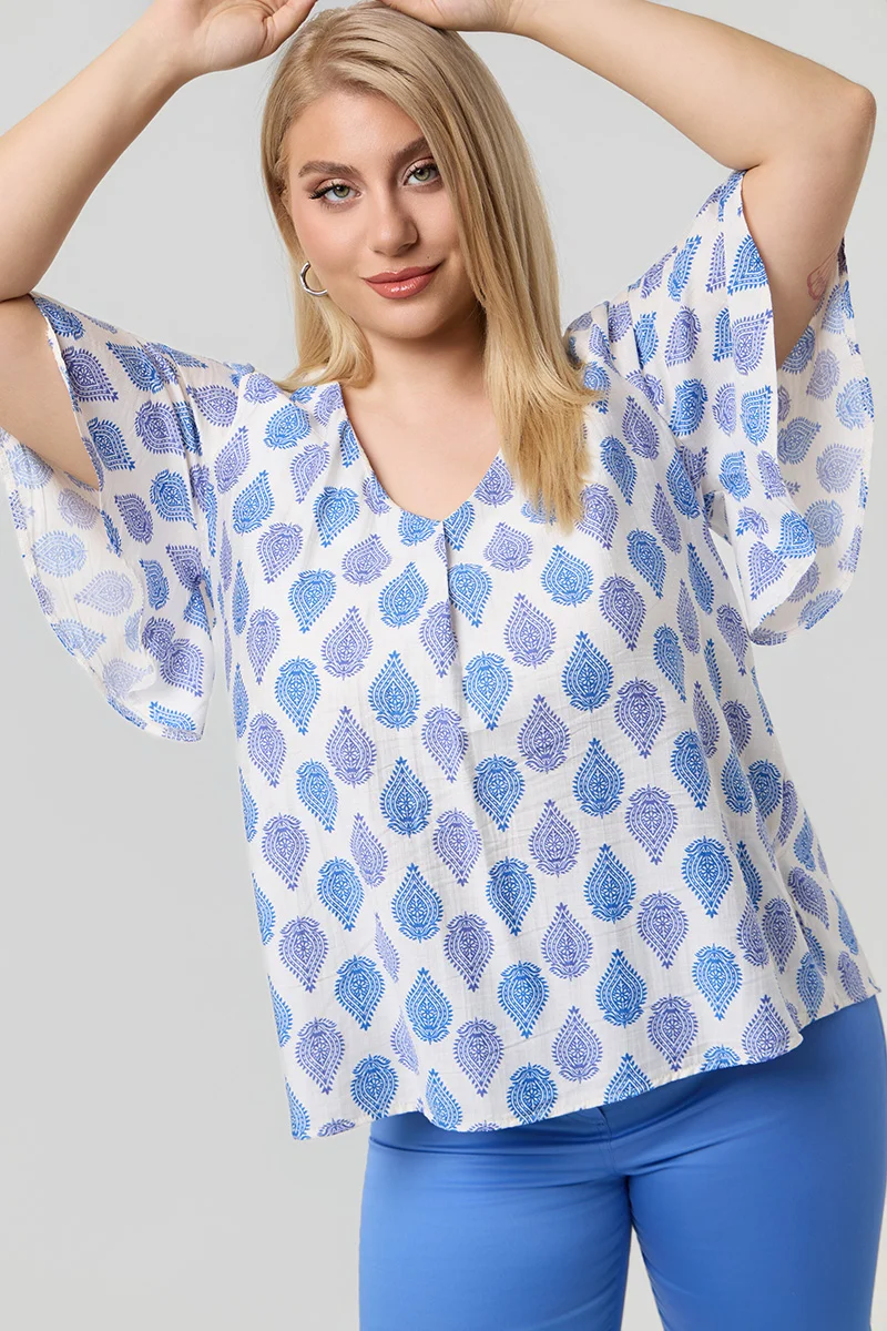 Λευκή Μπλούζα με Μπλε Print Plus Size