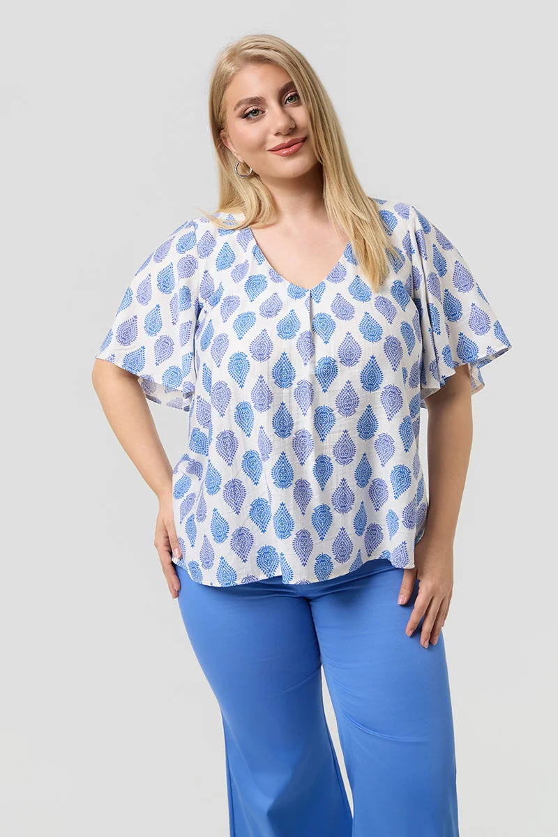 Λευκή Μπλούζα με Μπλε Print Plus Size