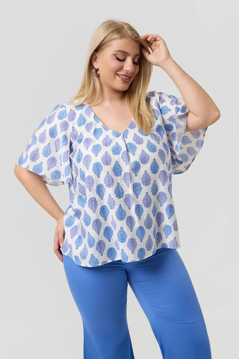 Λευκή Μπλούζα με Μπλε Print Plus Size
