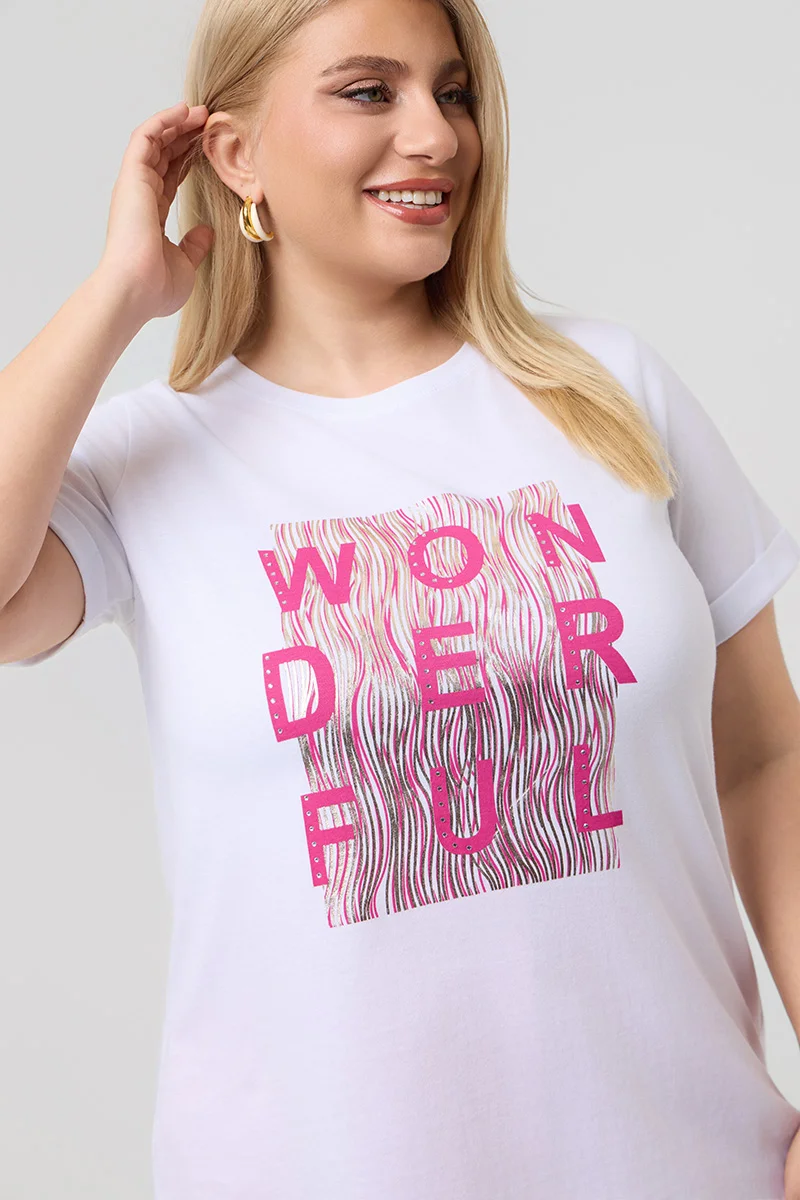 Λευκό T-Shirt Με Ροζ Στάμπα Και Στράς