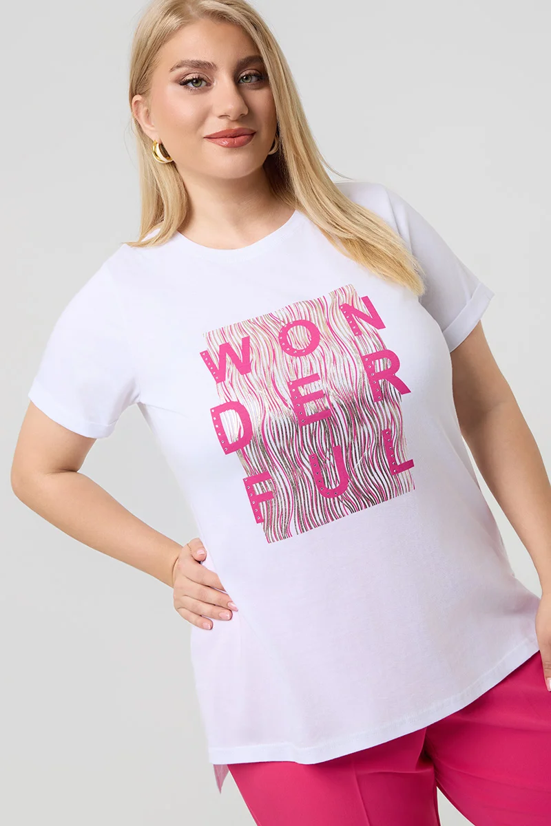 Λευκό T-Shirt Με Ροζ Στάμπα Και Στράς