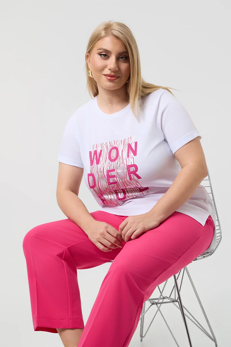 Λευκό T-Shirt Με Ροζ Στάμπα Και Στράς
