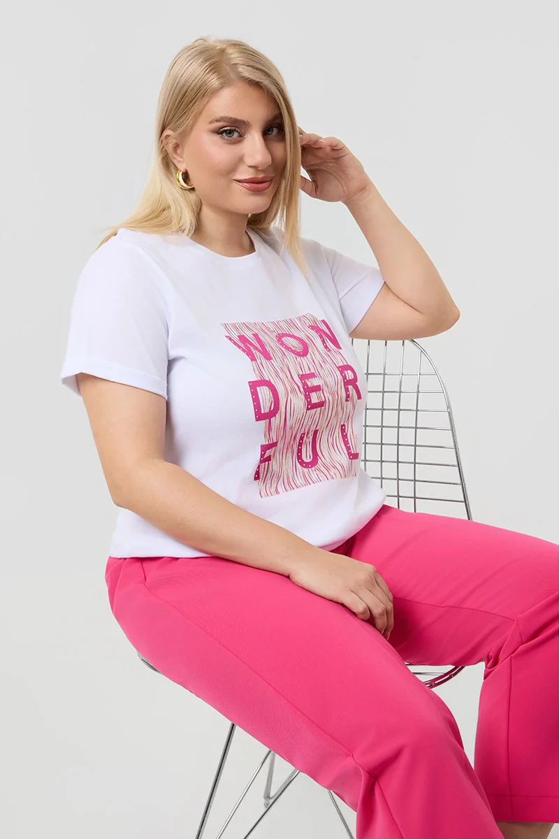 Λευκό T-Shirt Με Ροζ Στάμπα Και Στράς