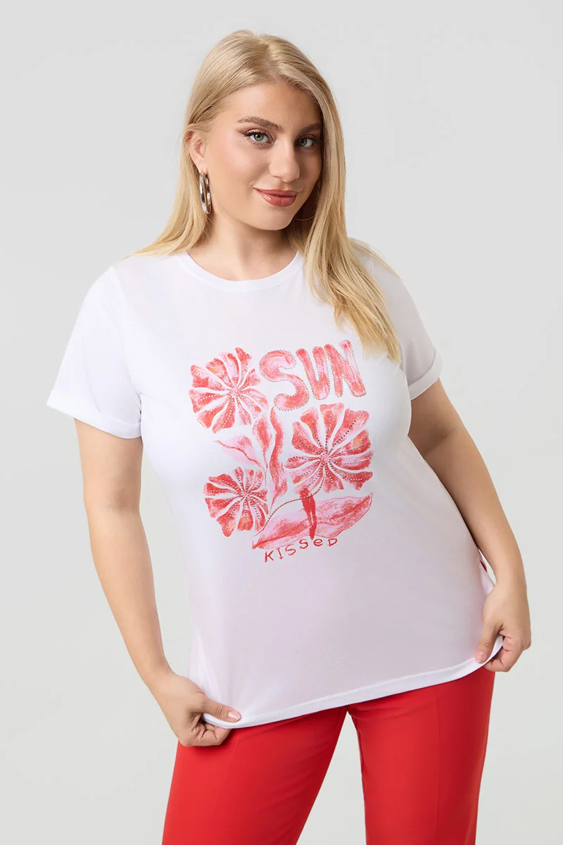 Λευκό T-Shirt Με Κοραλί Στάμπα Και Στράς