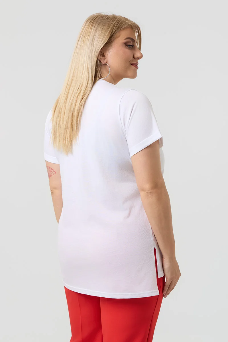 Λευκό T-Shirt Με Κοραλί Στάμπα Και Στράς