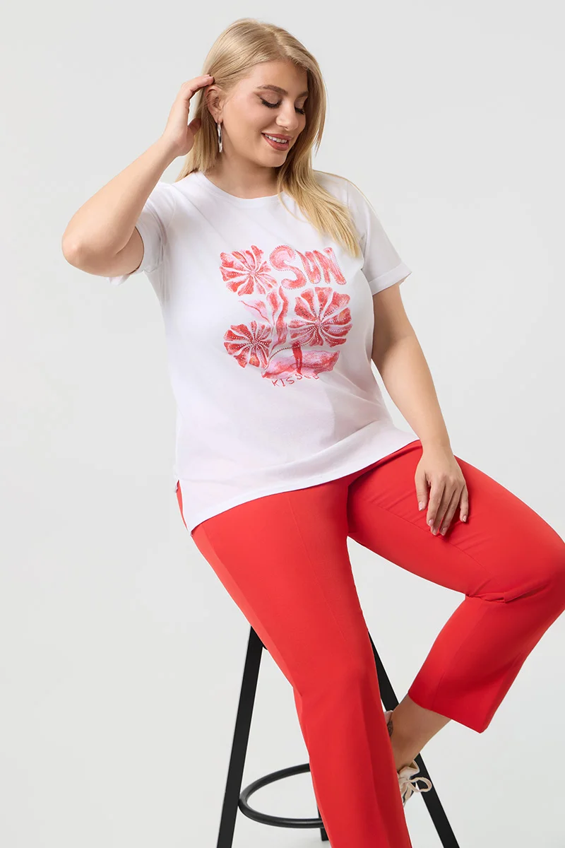 Λευκό T-Shirt Με Κοραλί Στάμπα Και Στράς