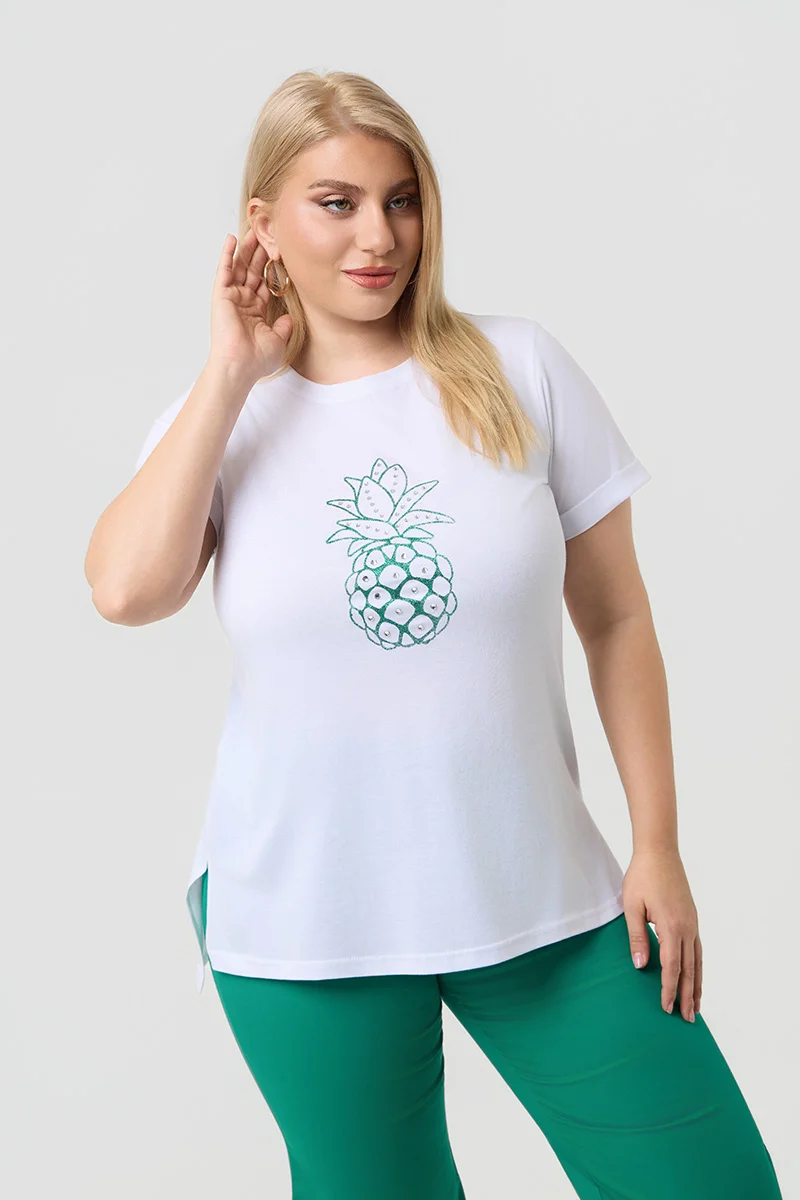 Λευκό T-Shirt Με Πράσινη Στάμπα Και Στράς