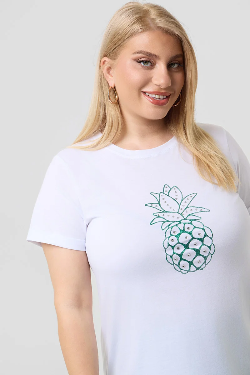 Λευκό T-Shirt Με Πράσινη Στάμπα Και Στράς