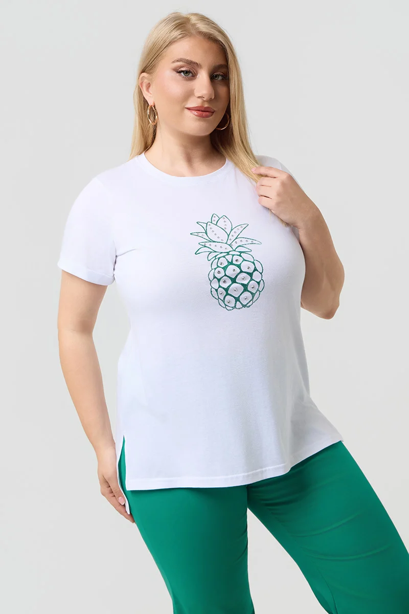 Λευκό T-Shirt Με Πράσινη Στάμπα Και Στράς