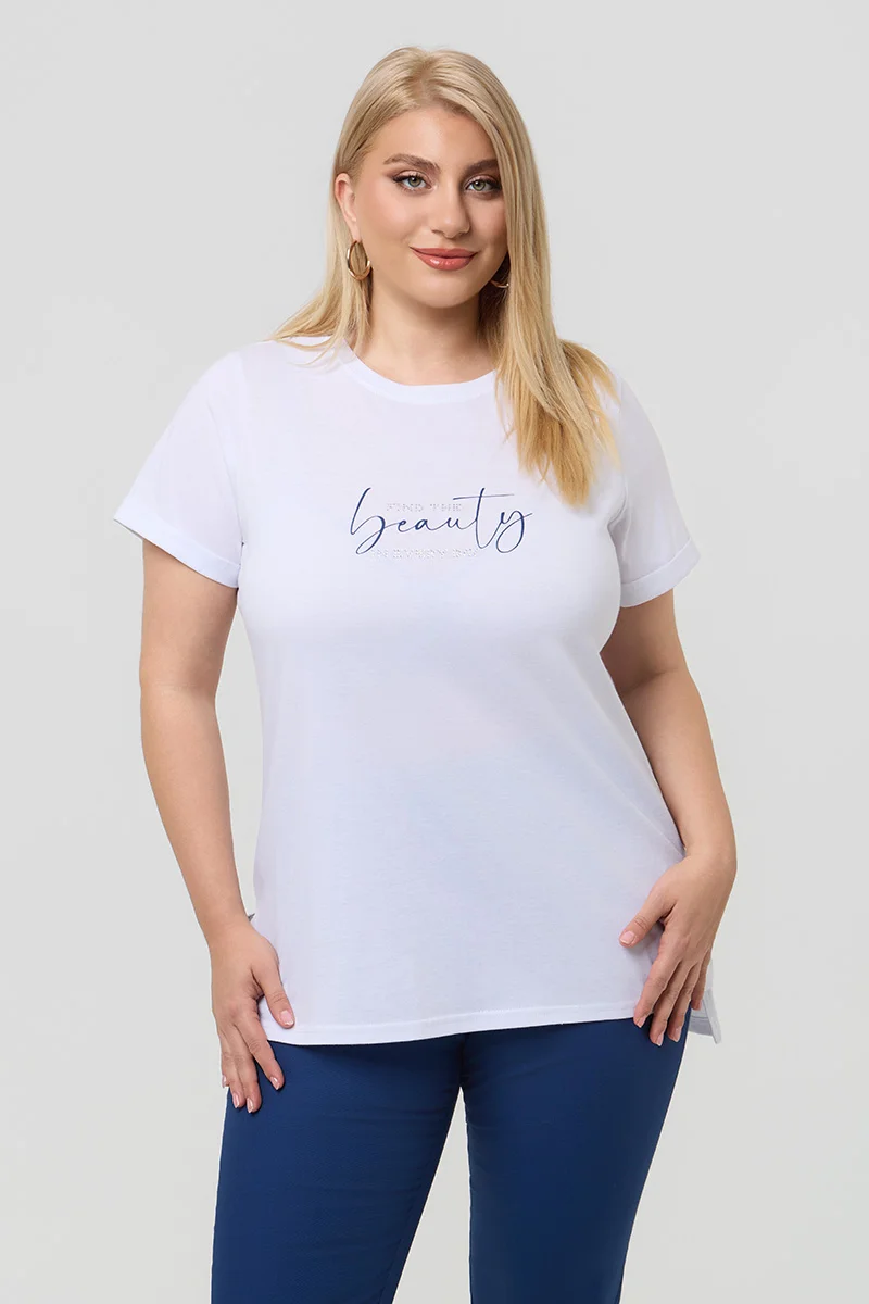 Λευκό T-Shirt Με Μπλε Στάμπα Και Στράς