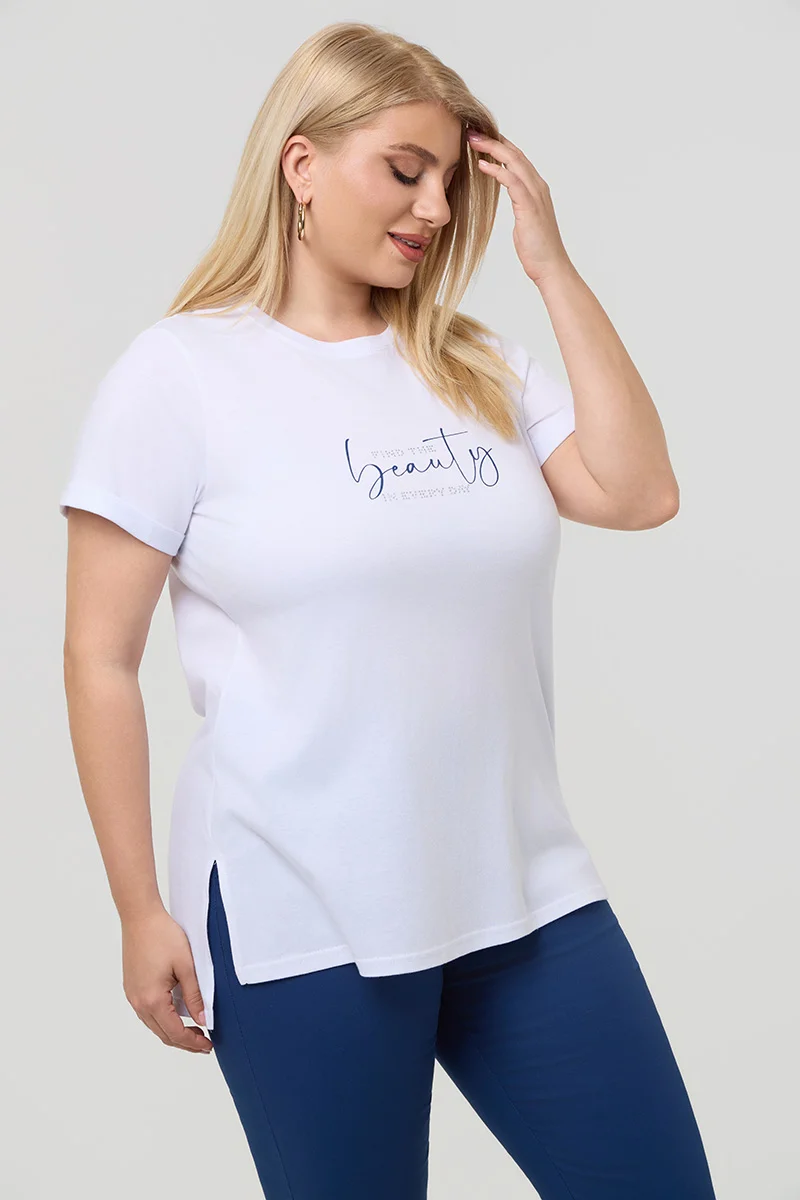 Λευκό T-Shirt Με Μπλε Στάμπα Και Στράς