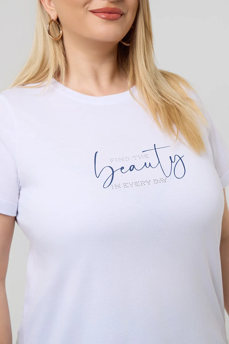 Λευκό T-Shirt Με Μπλε Στάμπα Και Στράς