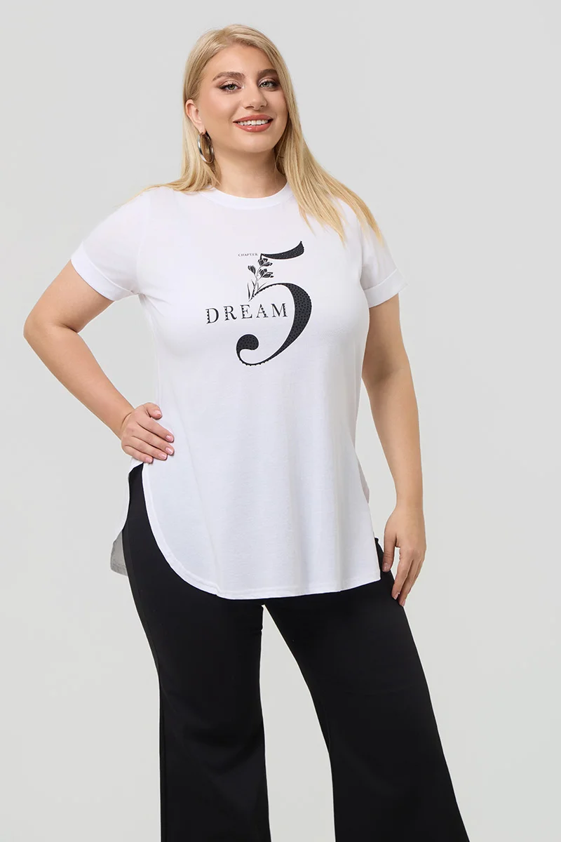 Λευκό T-Shirt Με Μαύρη Στάμπα Και Στράς