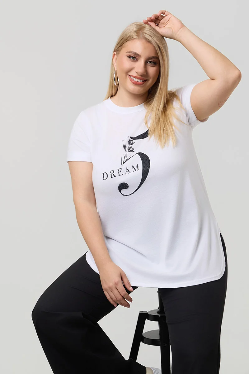 Λευκό T-Shirt Με Μαύρη Στάμπα Και Στράς