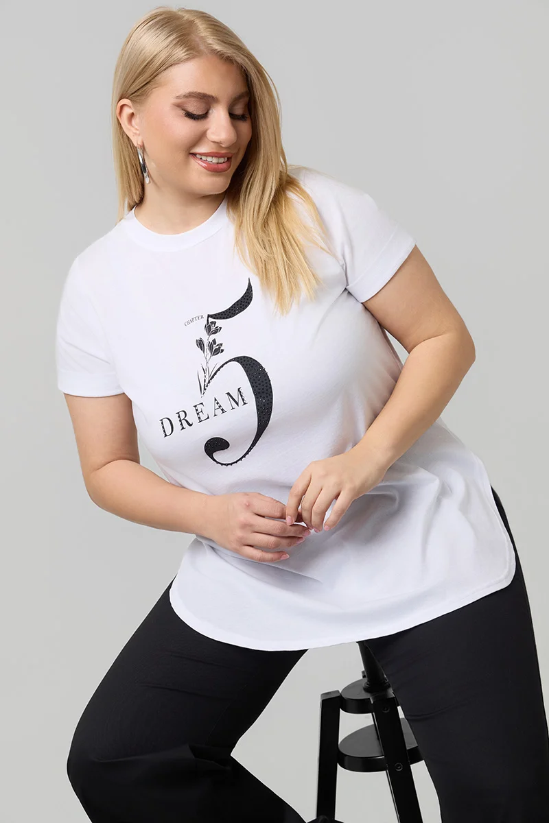 Λευκό T-Shirt Με Μαύρη Στάμπα Και Στράς