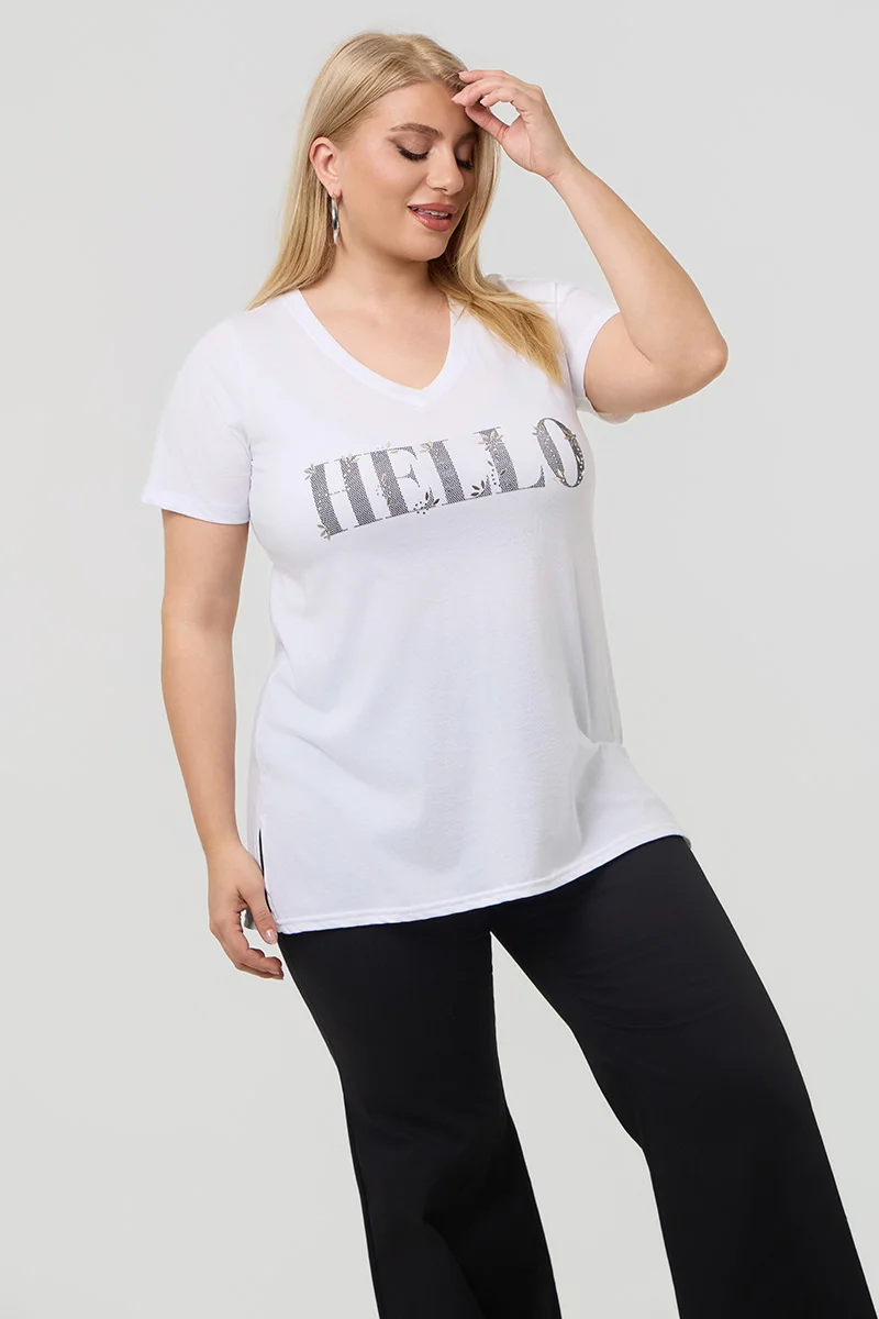 Λευκό T-Shirt Με Στάμπα Hello 