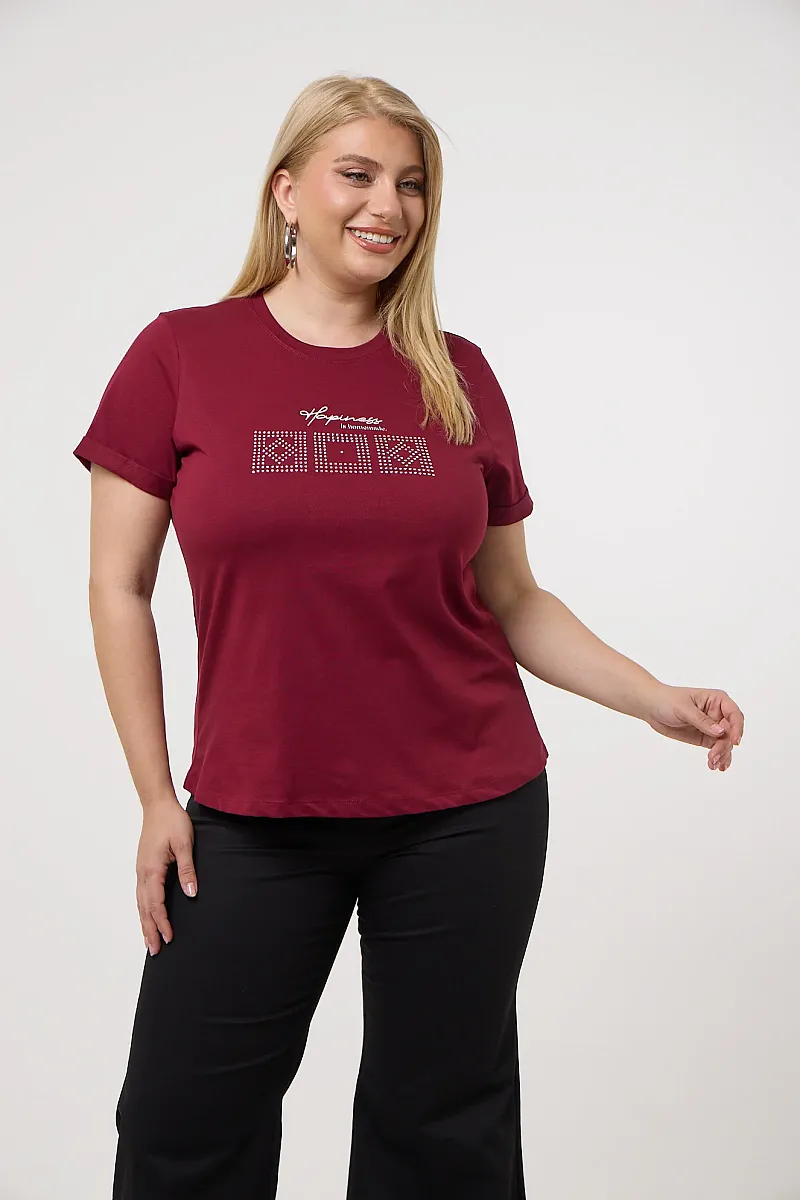 Μπορντό T-Shirt Με Λεπτομέρειες Από Στρας