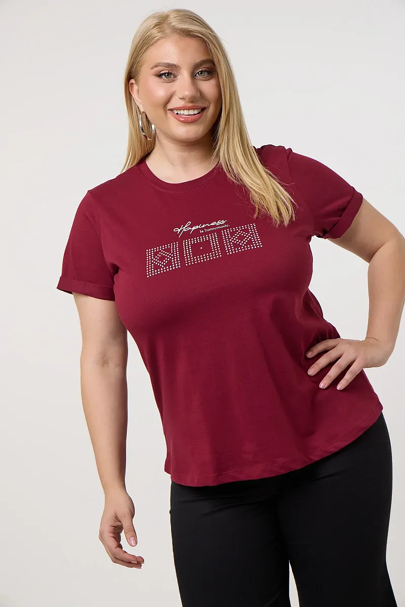 Μπορντό T-Shirt Με Λεπτομέρειες Από Στρας