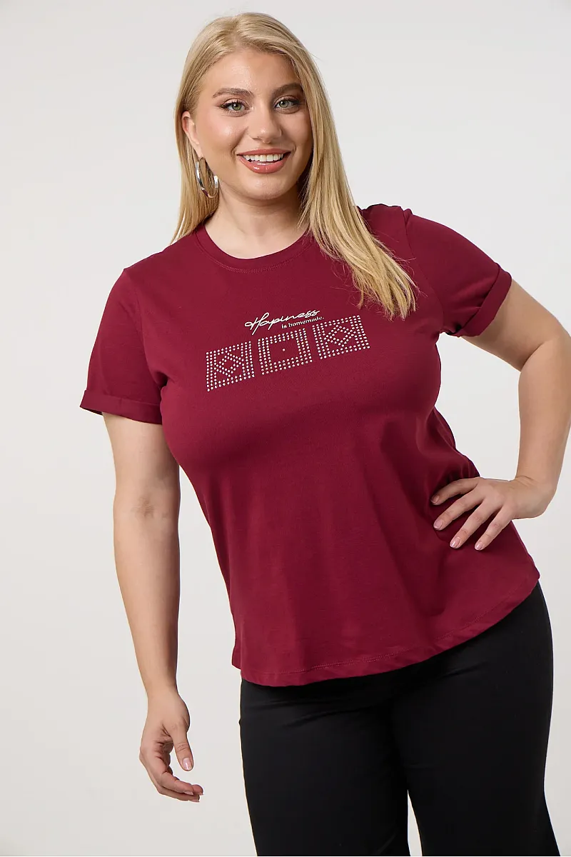 Μπορντό T-Shirt Με Λεπτομέρειες Από Στρας