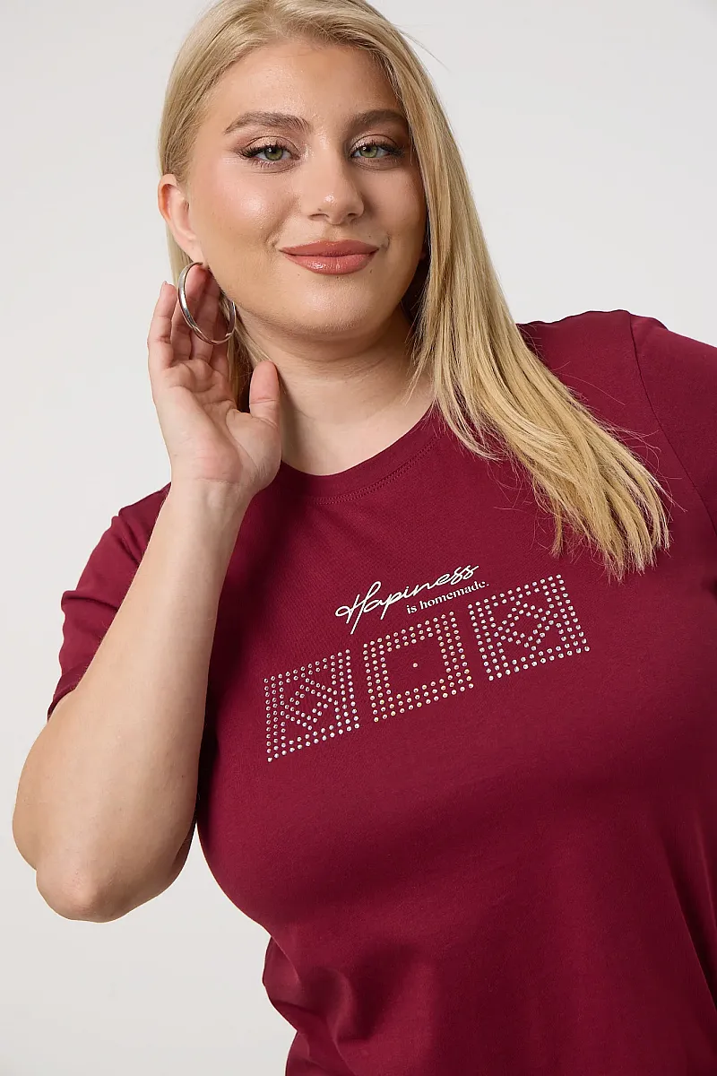 Μπορντό T-Shirt Με Λεπτομέρειες Από Στρας