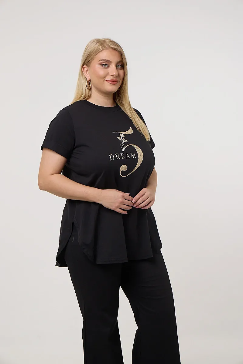 Μαύρο T-Shirt Με Χρυσή Στάμπα Και Στράς