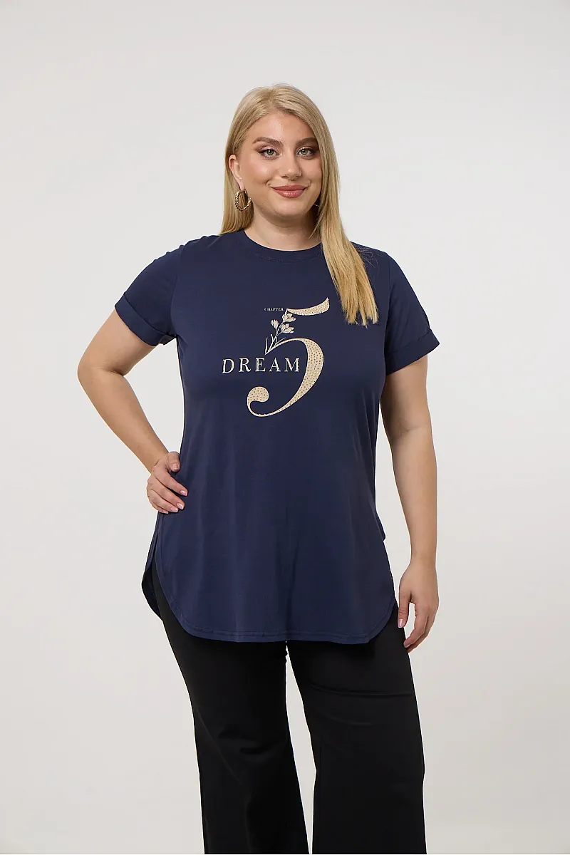 Navy T-Shirt Με Στάμπα Και Στράς