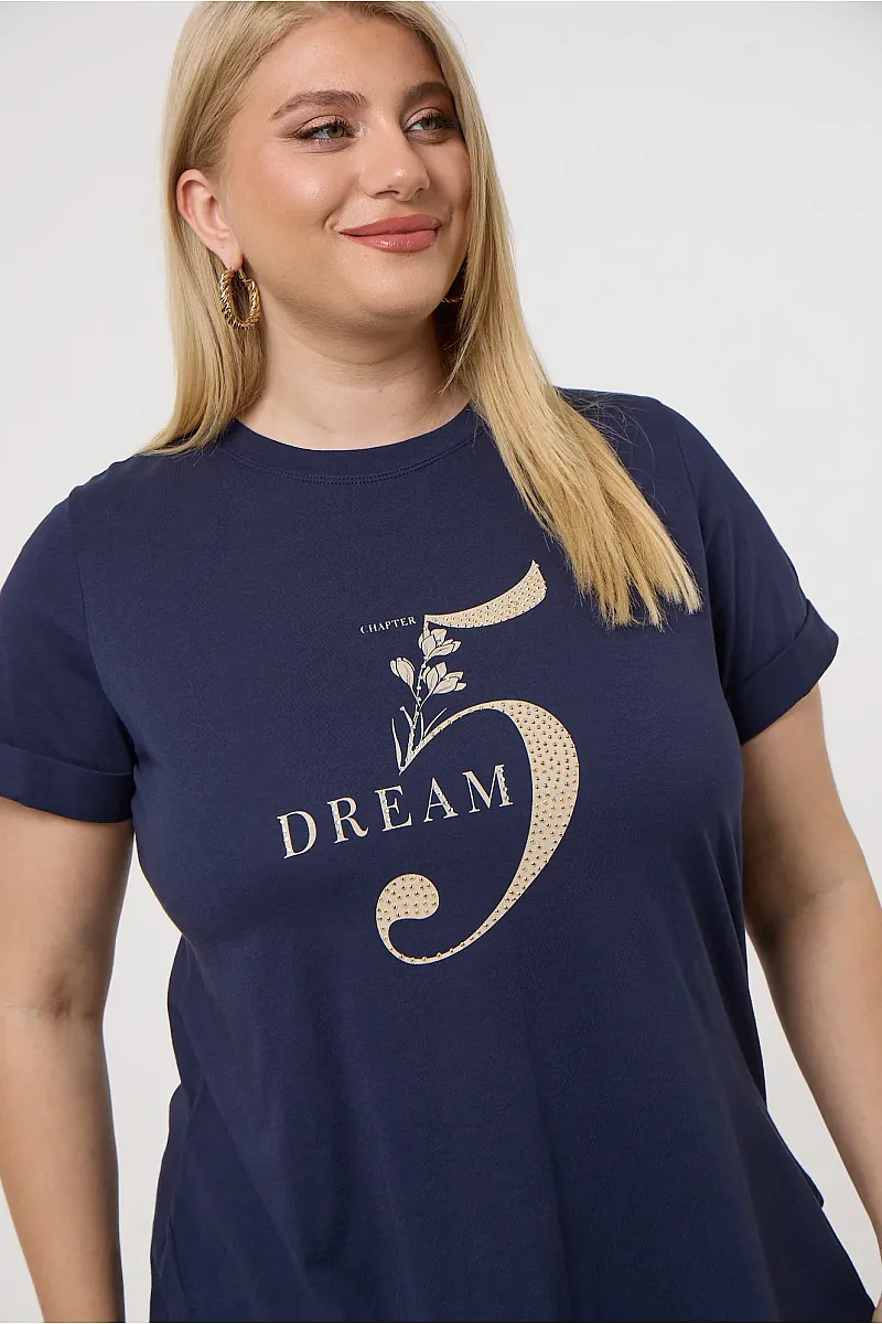 Navy T-Shirt Με Στάμπα Και Στράς