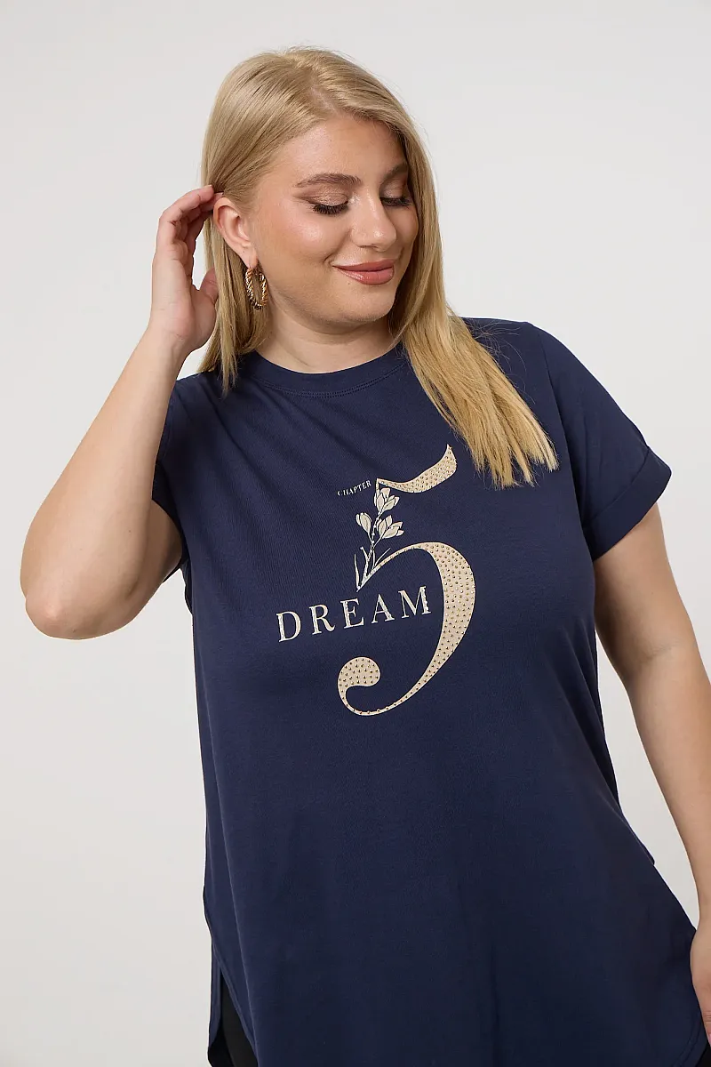 Navy T-Shirt Με Στάμπα Και Στράς