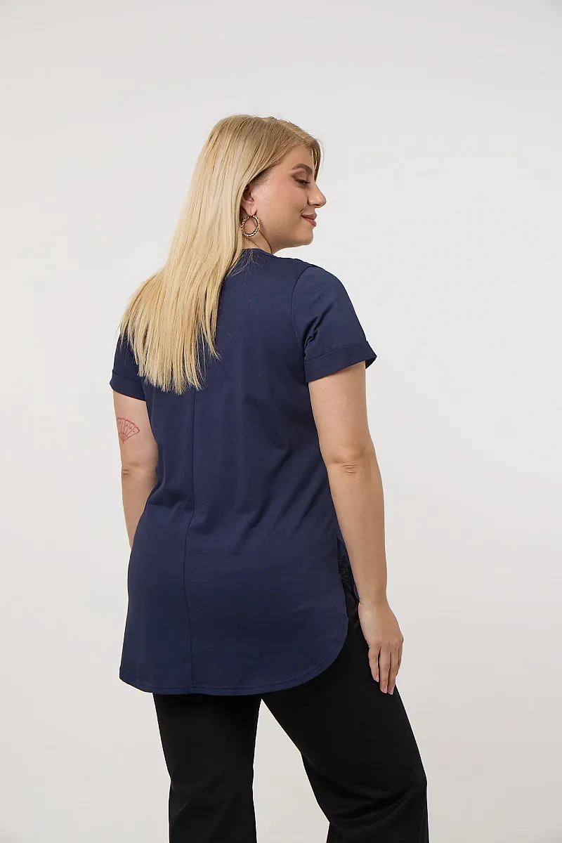 Navy T-Shirt Με Στάμπα Και Στράς