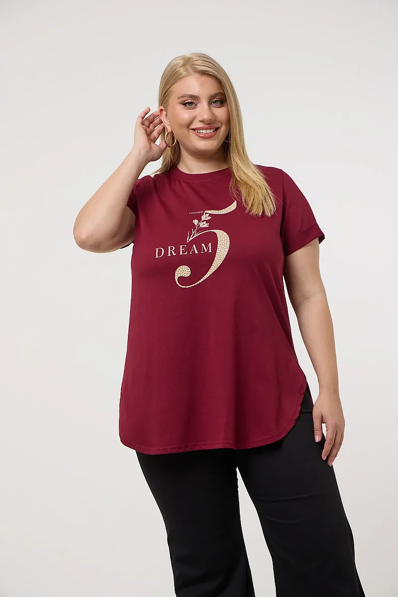  Μπορντό T-Shirt Με Χρυσή Στάμπα Και Στράς
