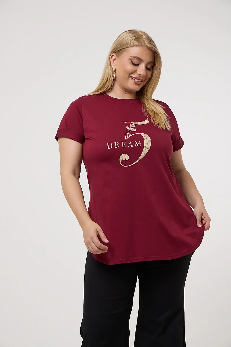  Μπορντό T-Shirt Με Χρυσή Στάμπα Και Στράς