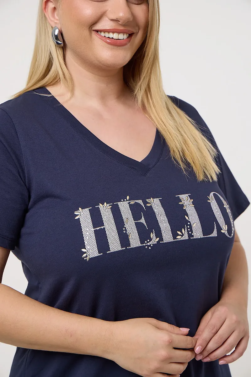 Navy T-Shirt Με Στάμπα Hello 