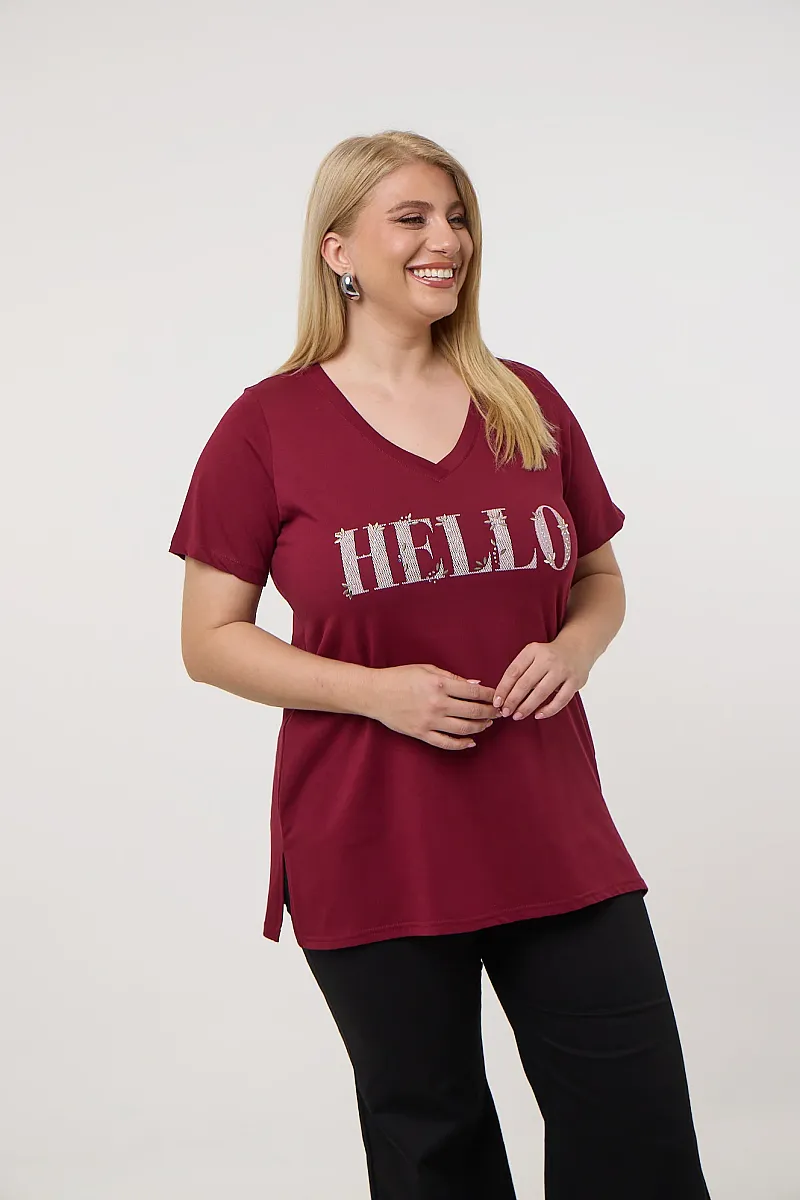 Μπορντό T-Shirt Με Στάμπα Hello 