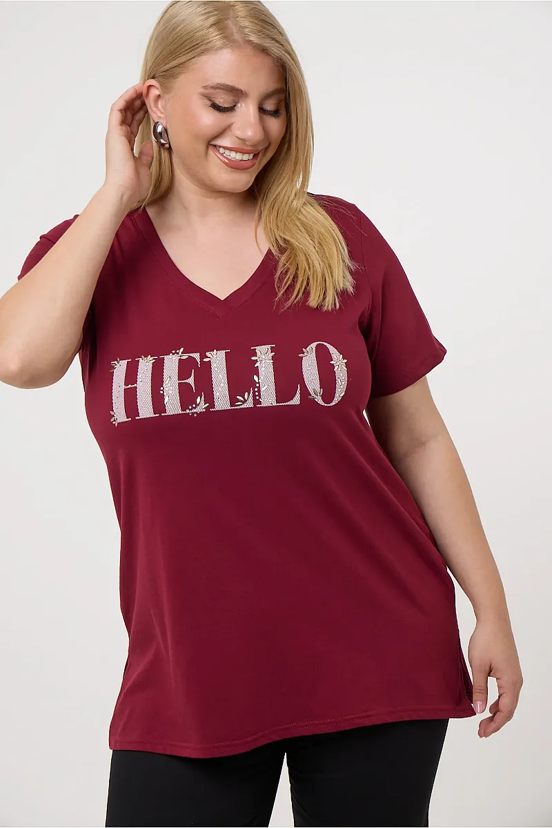 Μπορντό T-Shirt Με Στάμπα Hello 