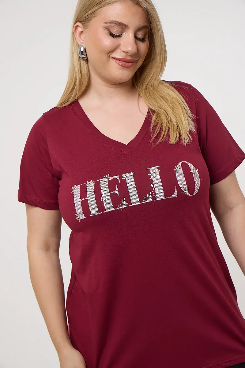 Μπορντό T-Shirt Με Στάμπα Hello 
