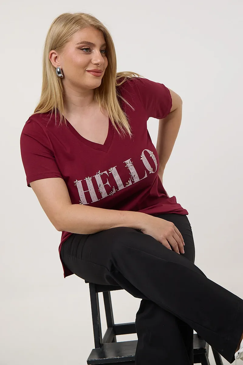 Μπορντό T-Shirt Με Στάμπα Hello 