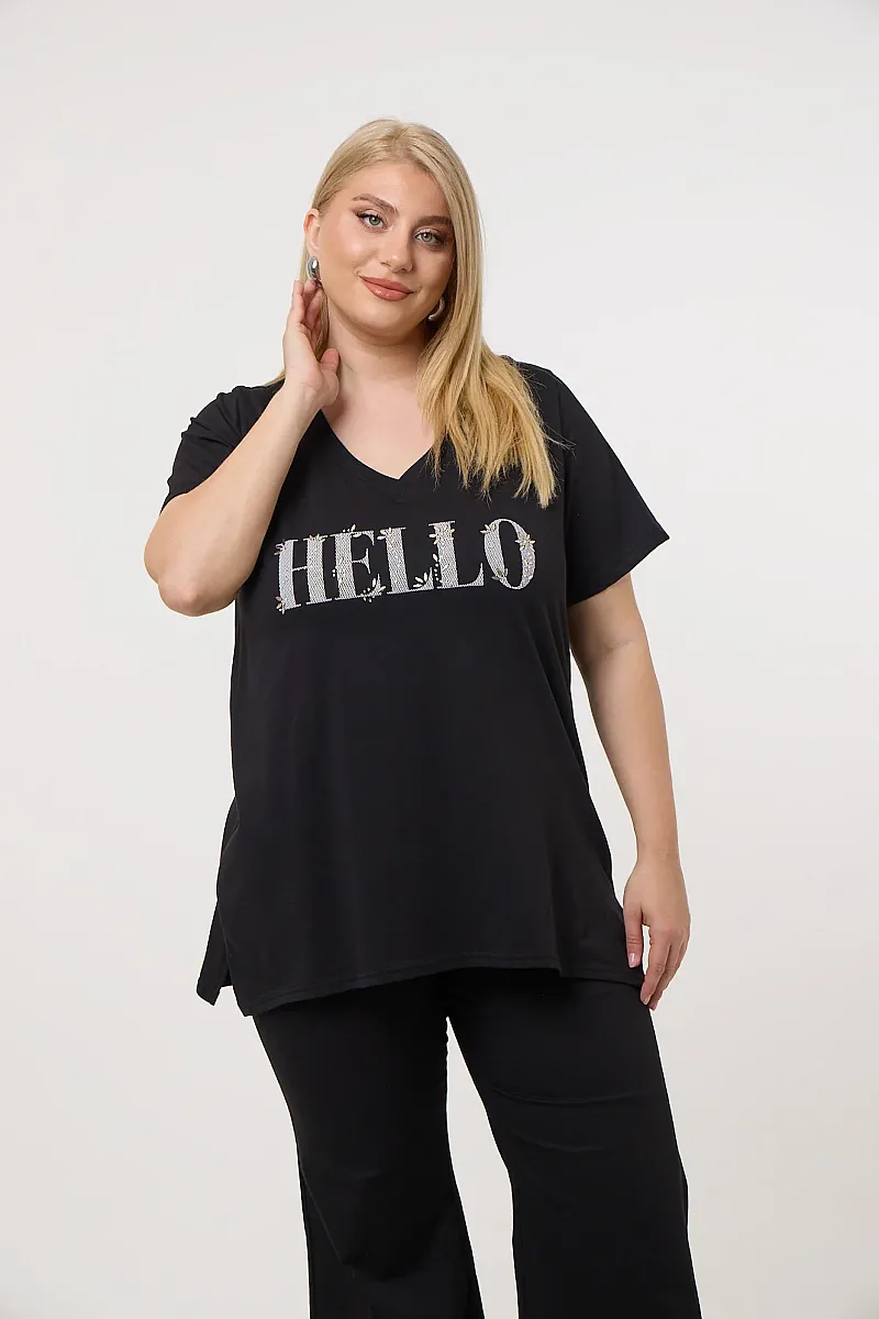 Μαύρο T-Shirt Με Στάμπα Hello 