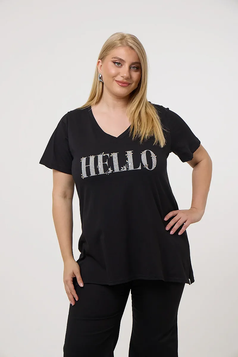 Μαύρο T-Shirt Με Στάμπα Hello 