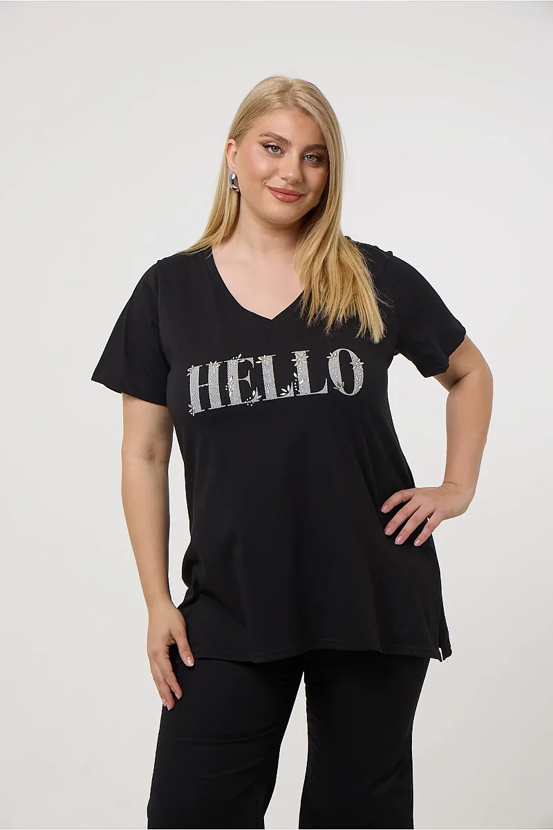 Μαύρο T-Shirt Με Στάμπα Hello 