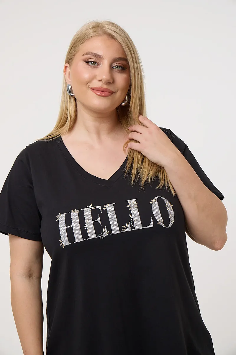 Μαύρο T-Shirt Με Στάμπα Hello 