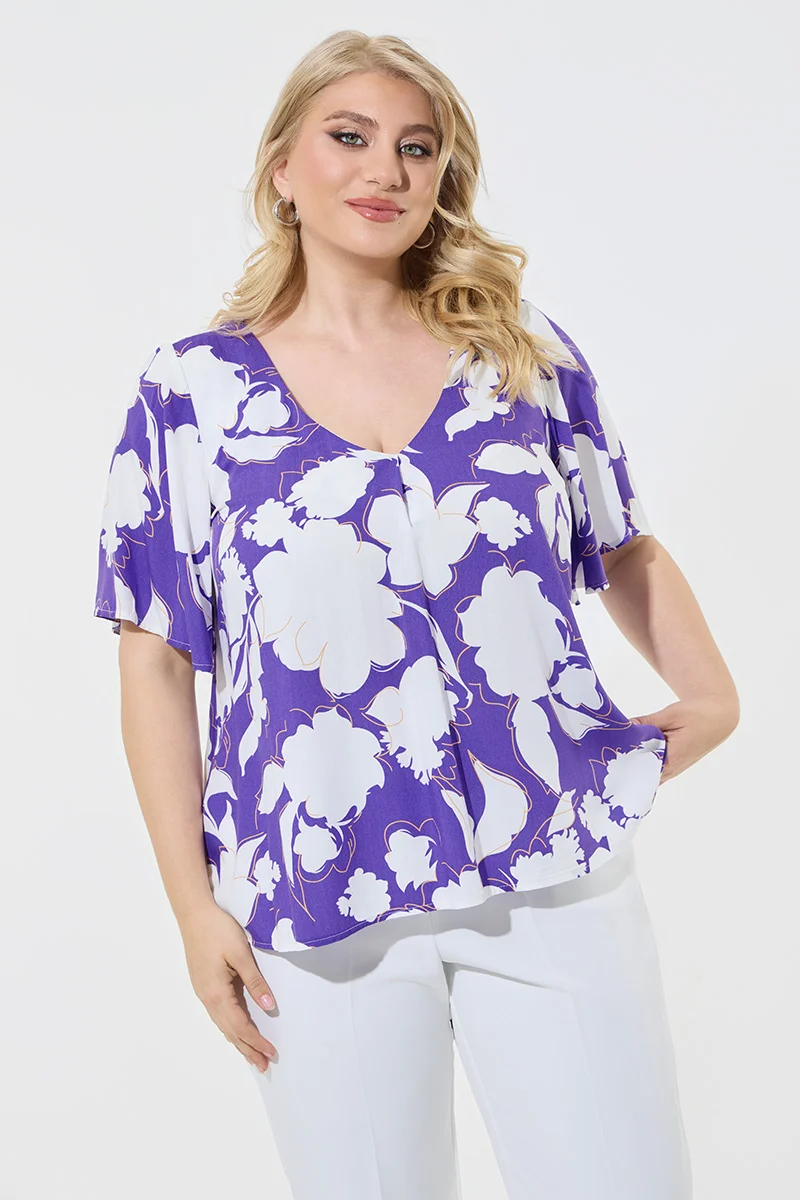 Floral Μπλούζα Μωβ Plus Size